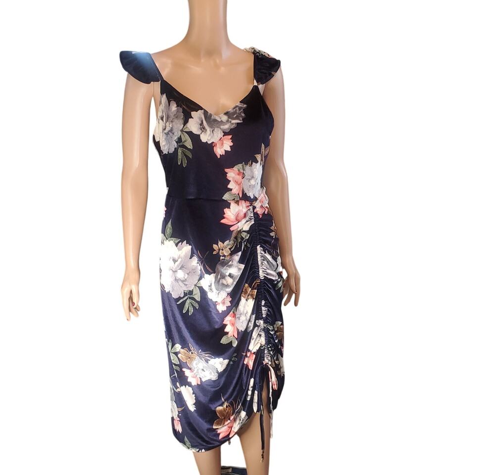 Navy Peach Velvet Floral Midi Dress Ruched Side Whimsigoth One One Six M